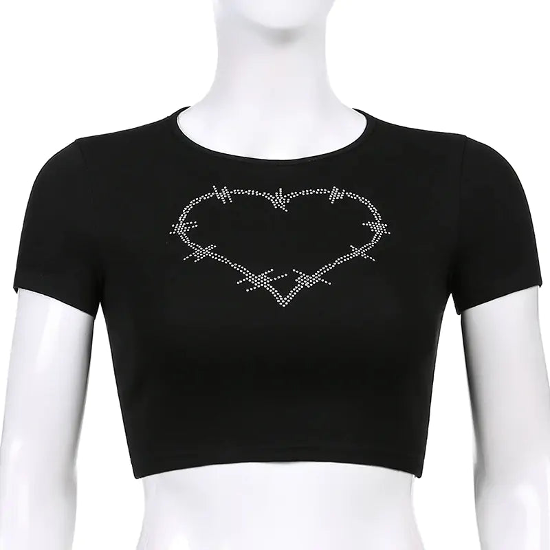 Rhinestone Heart Print Y2K Crop Tank Top