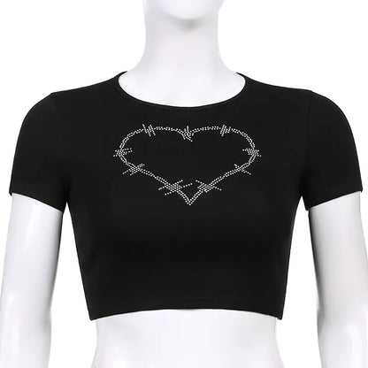 Rhinestone Heart Print Y2K Crop Tank Top