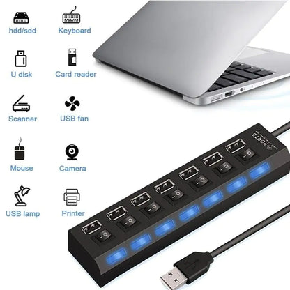 Laptop 7 Port USB 2.0 / 3.0 Hub Splitter Adapter High Speed