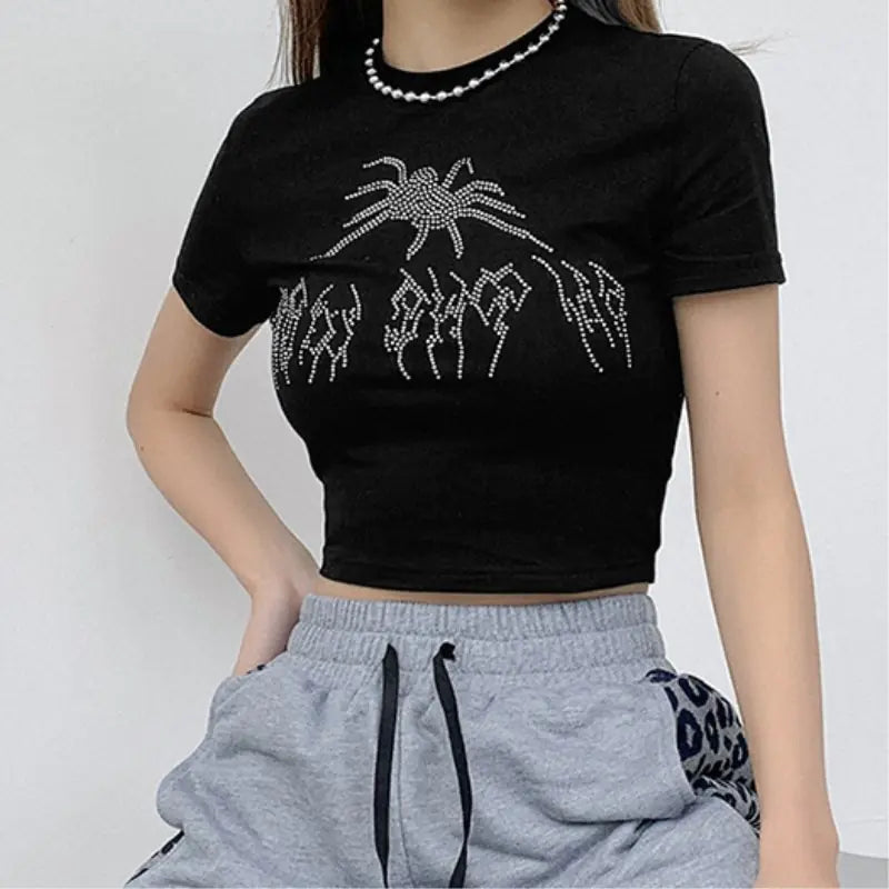 Rhinestone Spider Print Crop Top + More Solus™