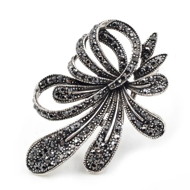 Rhinestone Black Flower Brooche