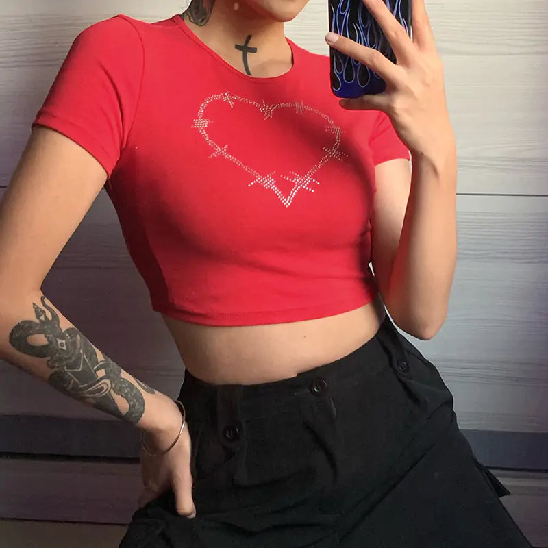 Rhinestone Heart Print Y2K Crop Tank Top