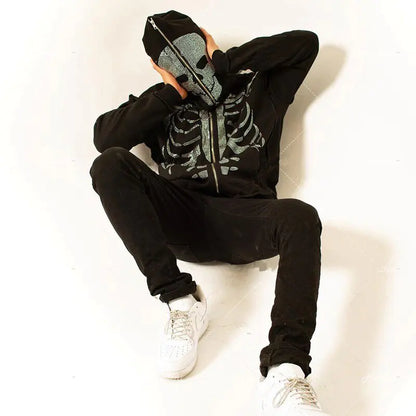 Rhinestone Hip-Hop Skeleton Zip-Up
