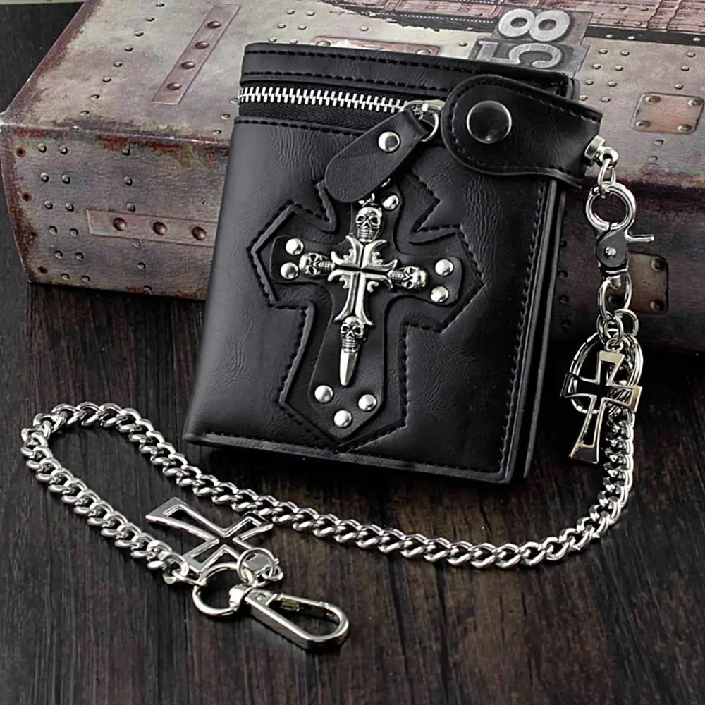 Cross Leather Wallet with Antique Chain