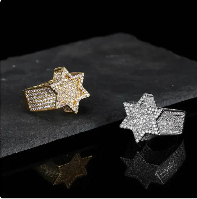 Star Zircon Hip Hop Micro-Inlaid Six-Pointed Star Men's Ring