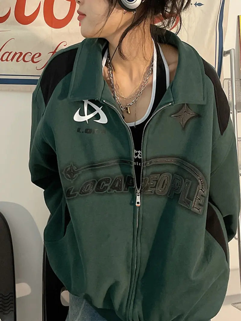 Retro Streetwear Zip-Up Unhooded Jacket