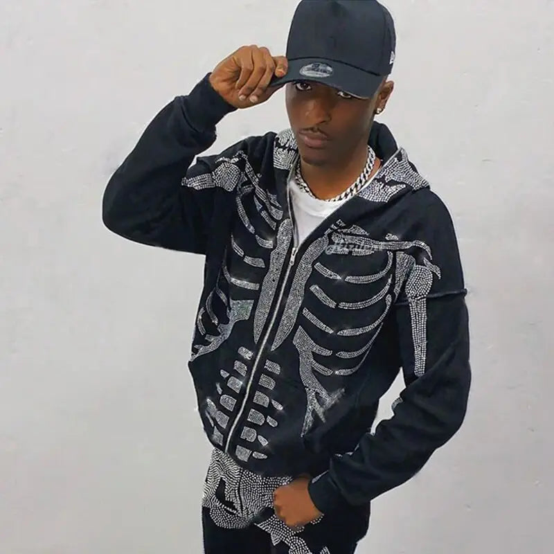 Rhinestone Hip-Hop Skeleton Zip-Up