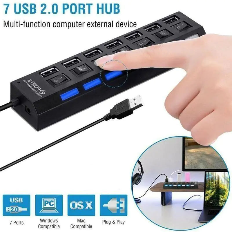 Laptop 7 Port USB 2.0 / 3.0 Hub Splitter Adapter High Speed