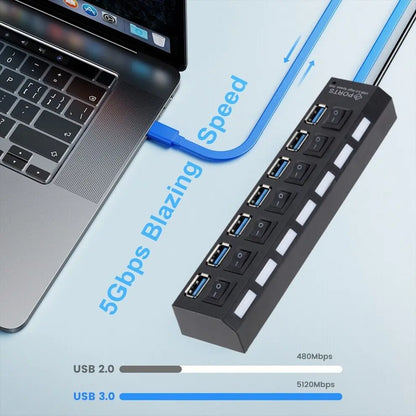 Laptop 7 Port USB 2.0 / 3.0 Hub Splitter Adapter High Speed